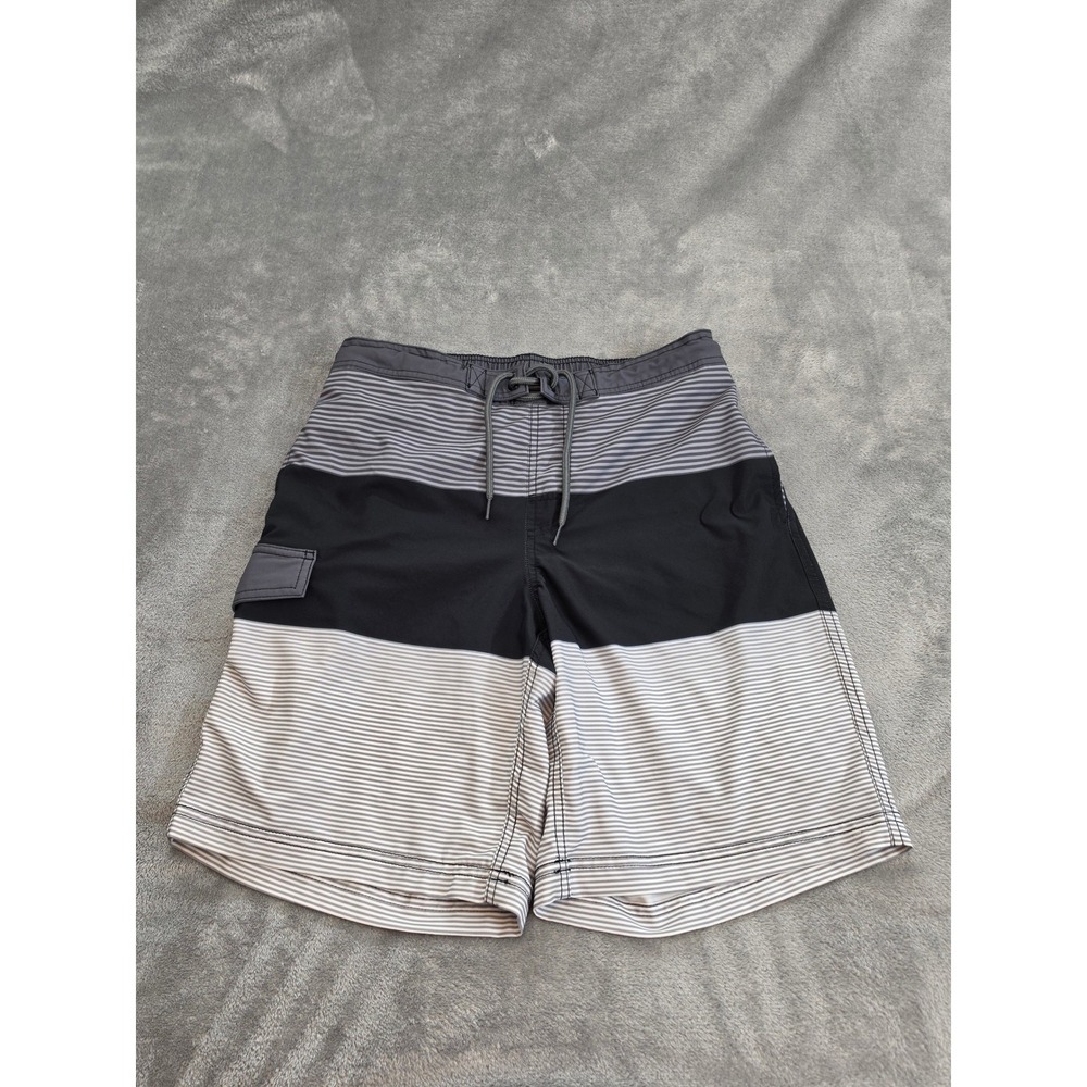 George Mens Board Shorts Black Grey‎ Striped Swim Trunks Size Medium 32-34